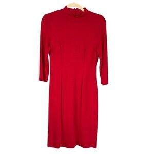 B8 80s Vintage Talbots Cherry Red Mock Neck 3/4 Sleeve Sheath Dress Size 4